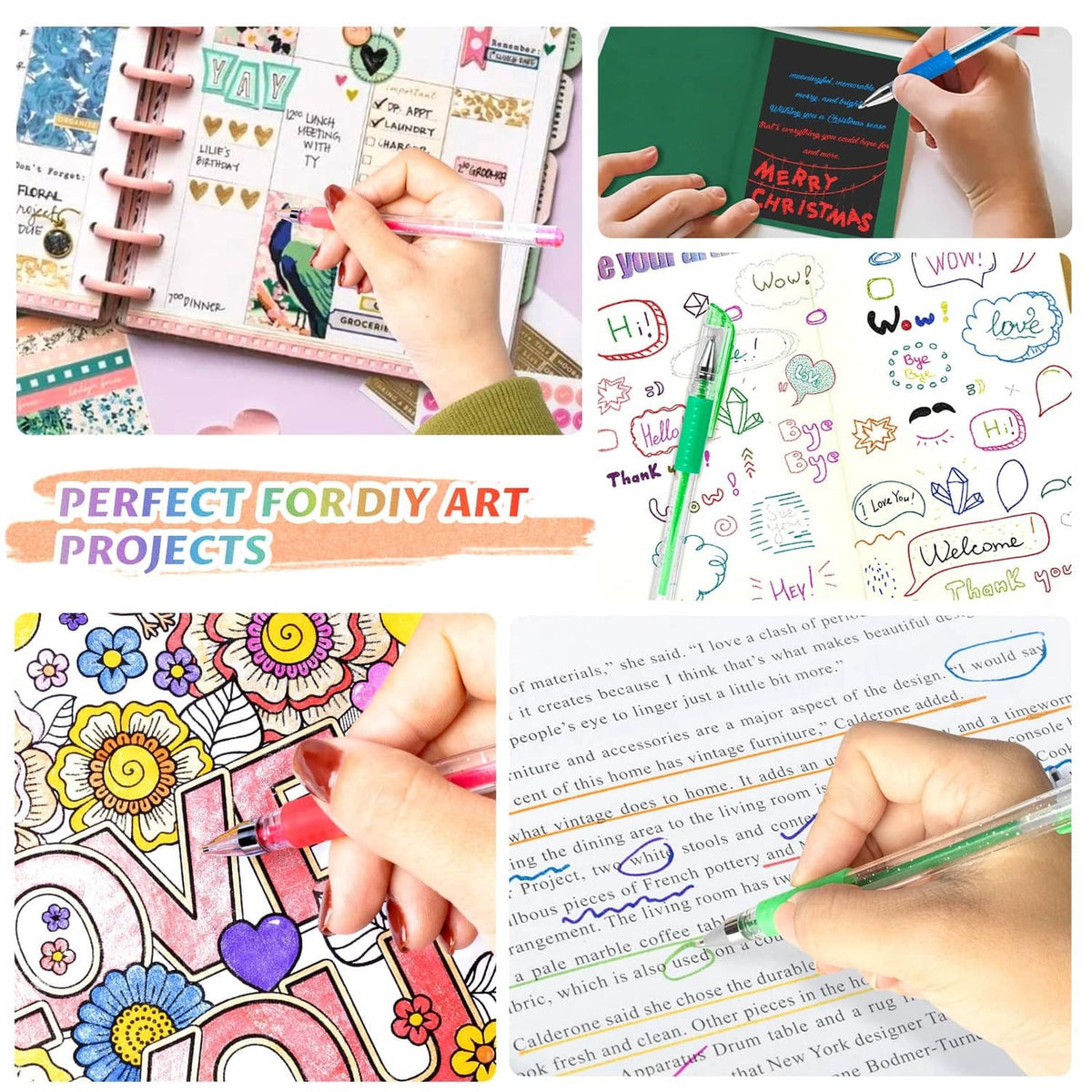 Gel pen set for DIY art projects, writing on pages with colorful gel ink