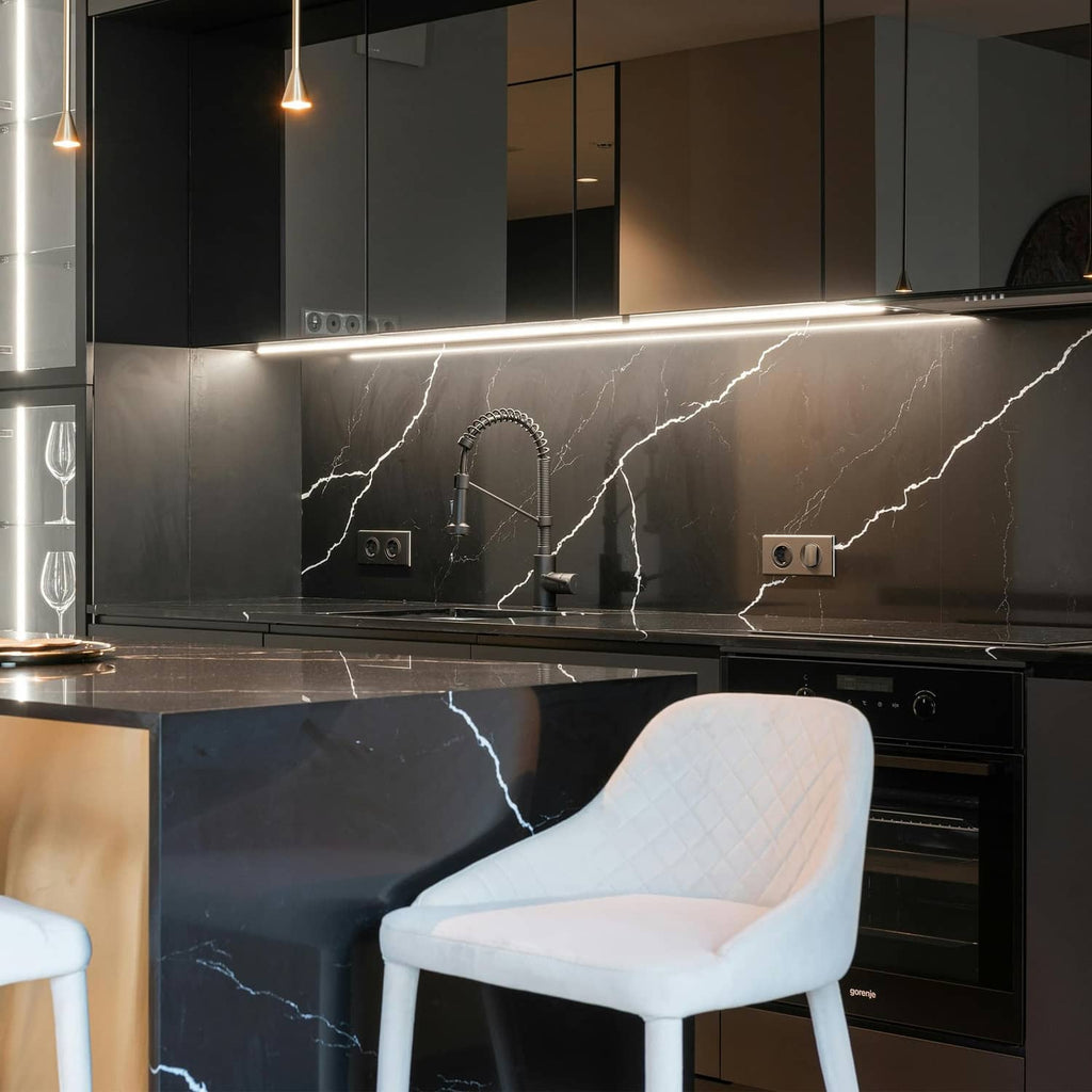 Under-cabinet LED strip lighting with bright cool-white glow