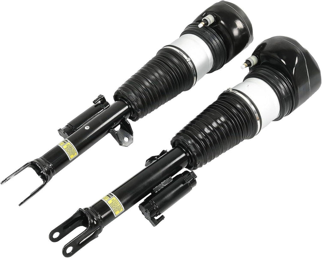 Pair of black front air suspension shock struts with air springs and side mounting brackets