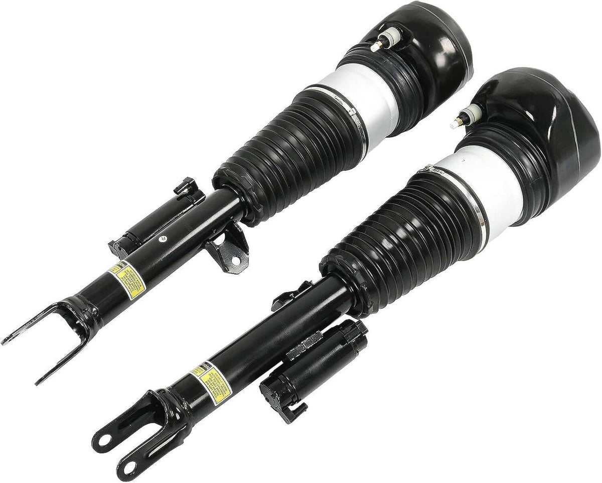 Pair of black front air suspension shock struts with air springs and side mounting brackets