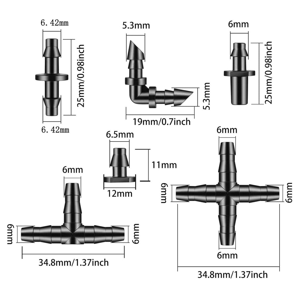 Black barbed drip irrigation connector fittings, elbow and cross shapes, size diagram
