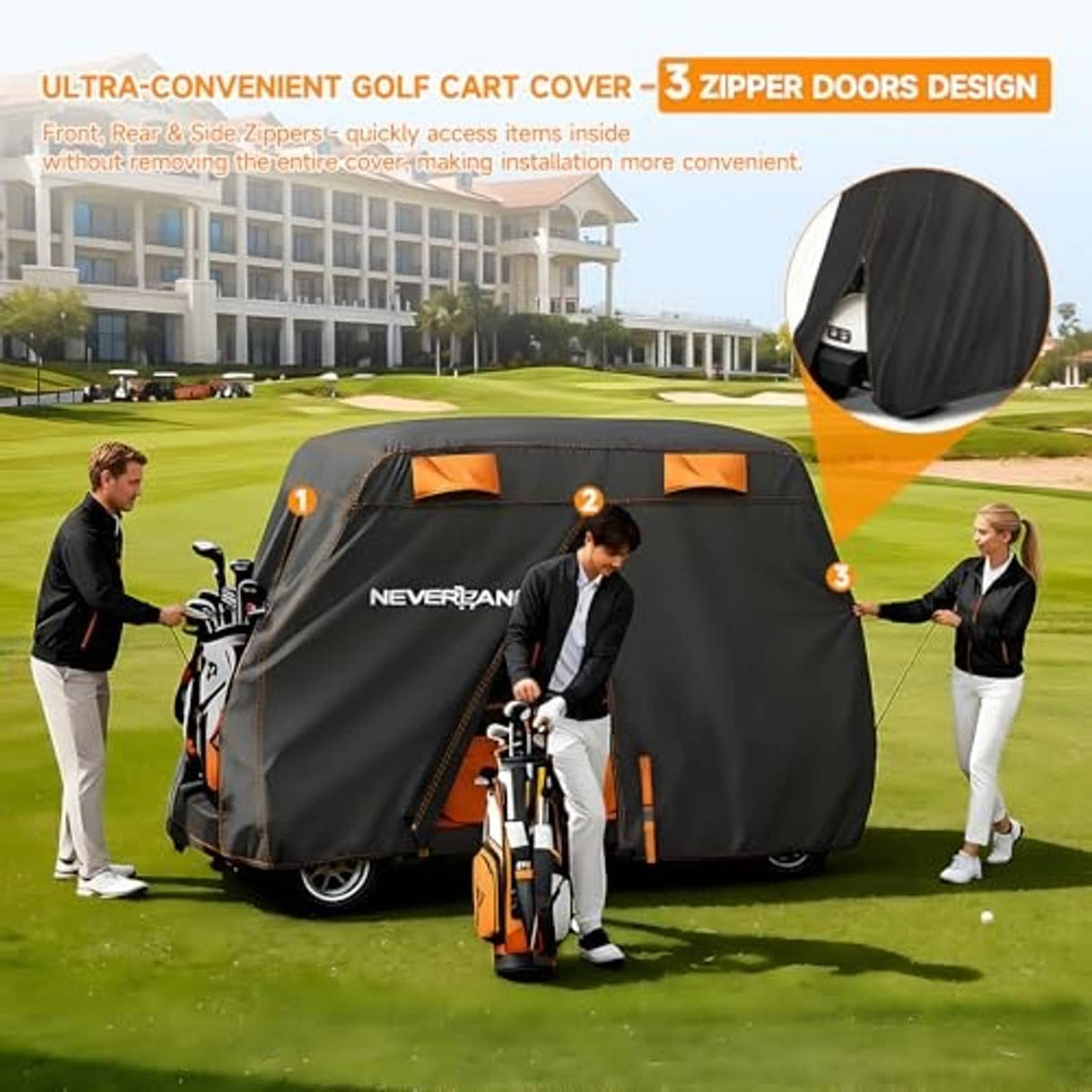 Black golf cart cover with orange zipper door openings and NEVERLAND logo