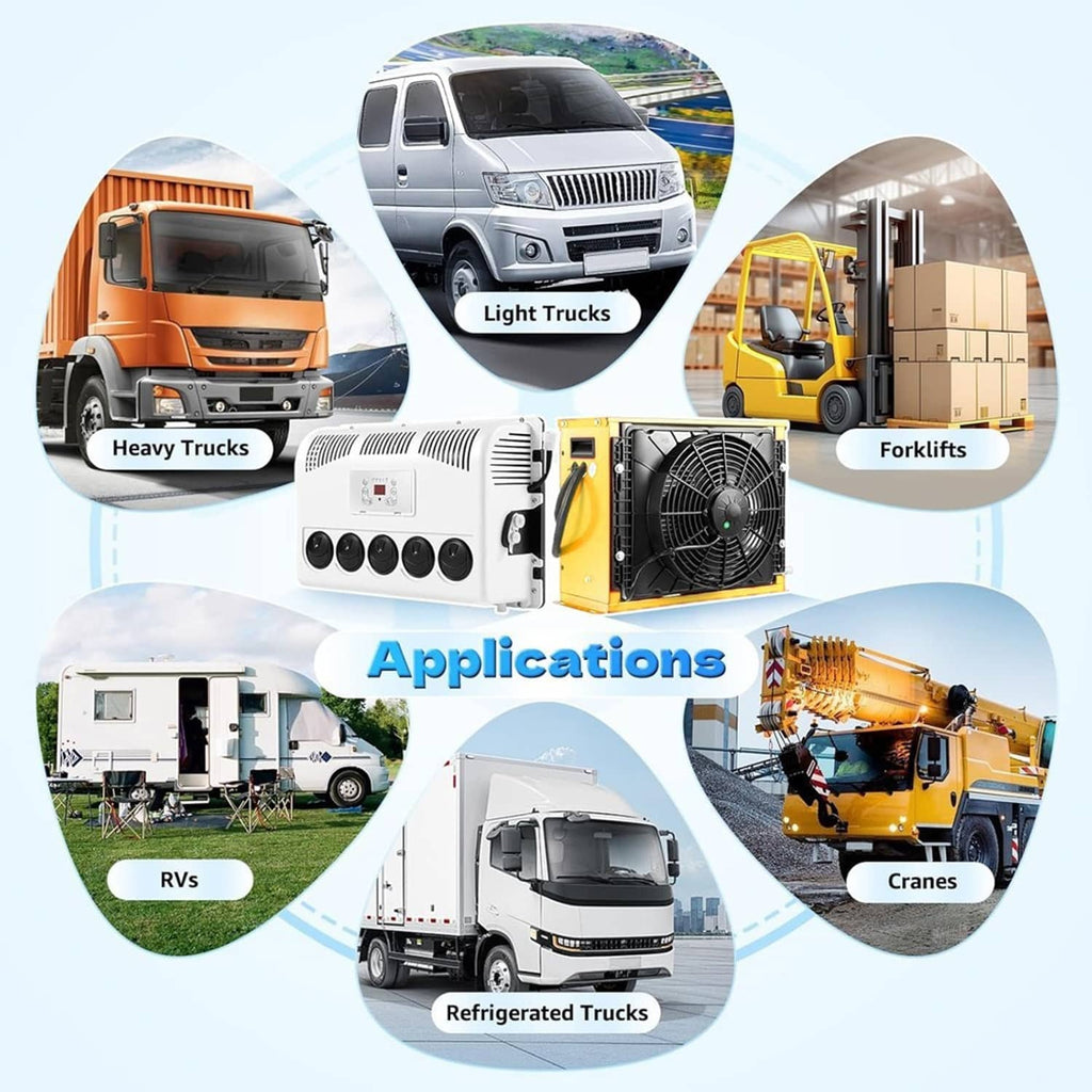 12V truck split AC system, indoor evaporator unit and outdoor condenser fan unit