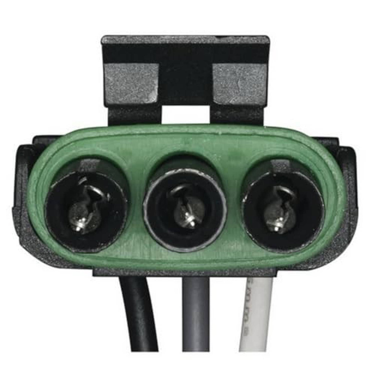 Green 3-pin connector pigtail with three circular metal contacts and attached wire leads