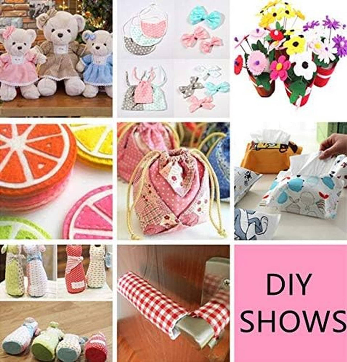 Collage of DIY cotton projects using assorted patterned fabrics and trims