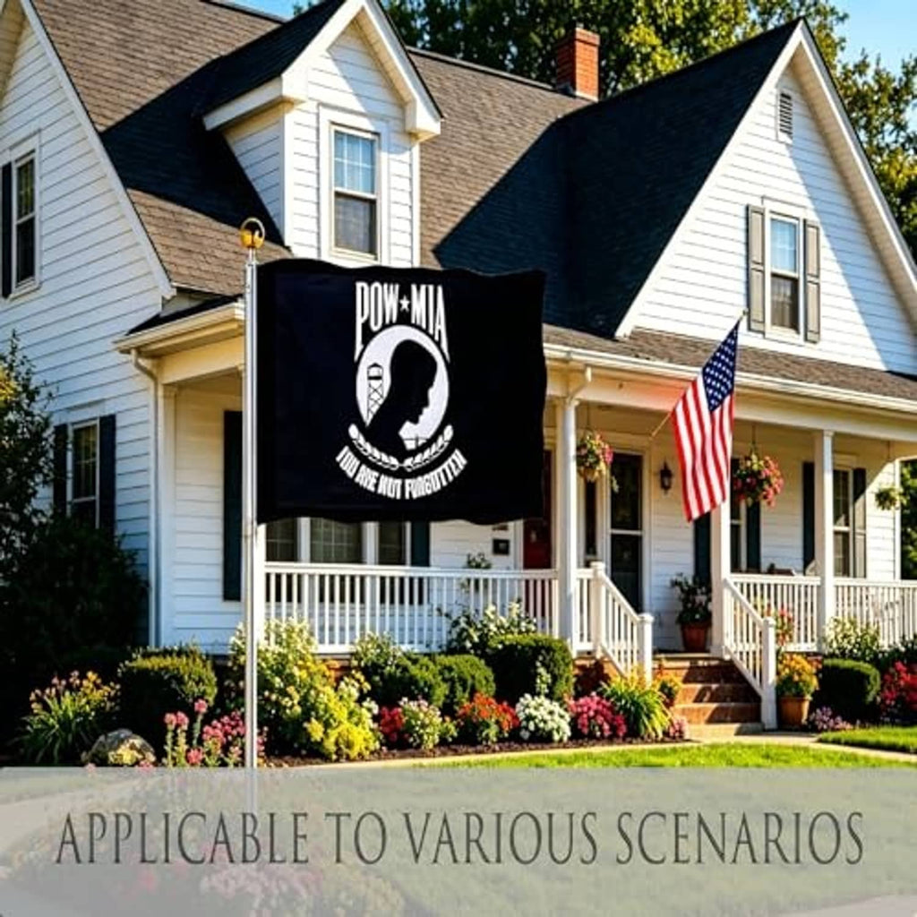 Black POW*MIA flag hanging outdoors with emblem and 'You are not forgotten' text