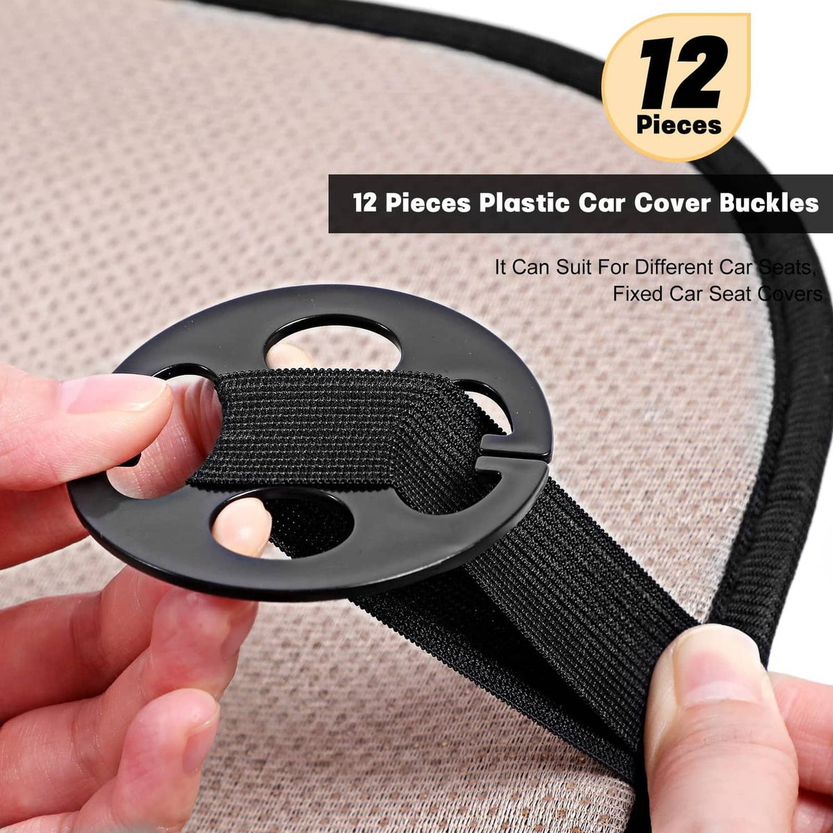 Black plastic car seat cover buckle with woven strap and clasp