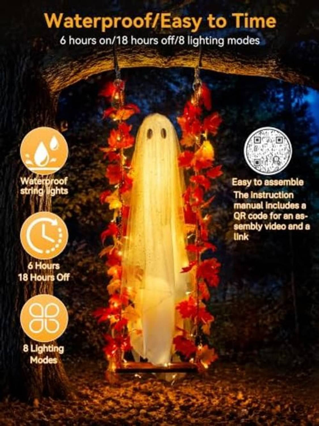 Waterproof hanging ghost decoration with warm white LED string lights and red orange leaf garland