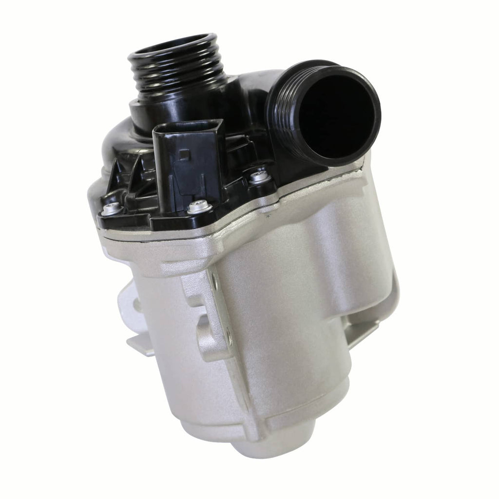 Electric water pump, top view, black connector housing and threaded inlet opening