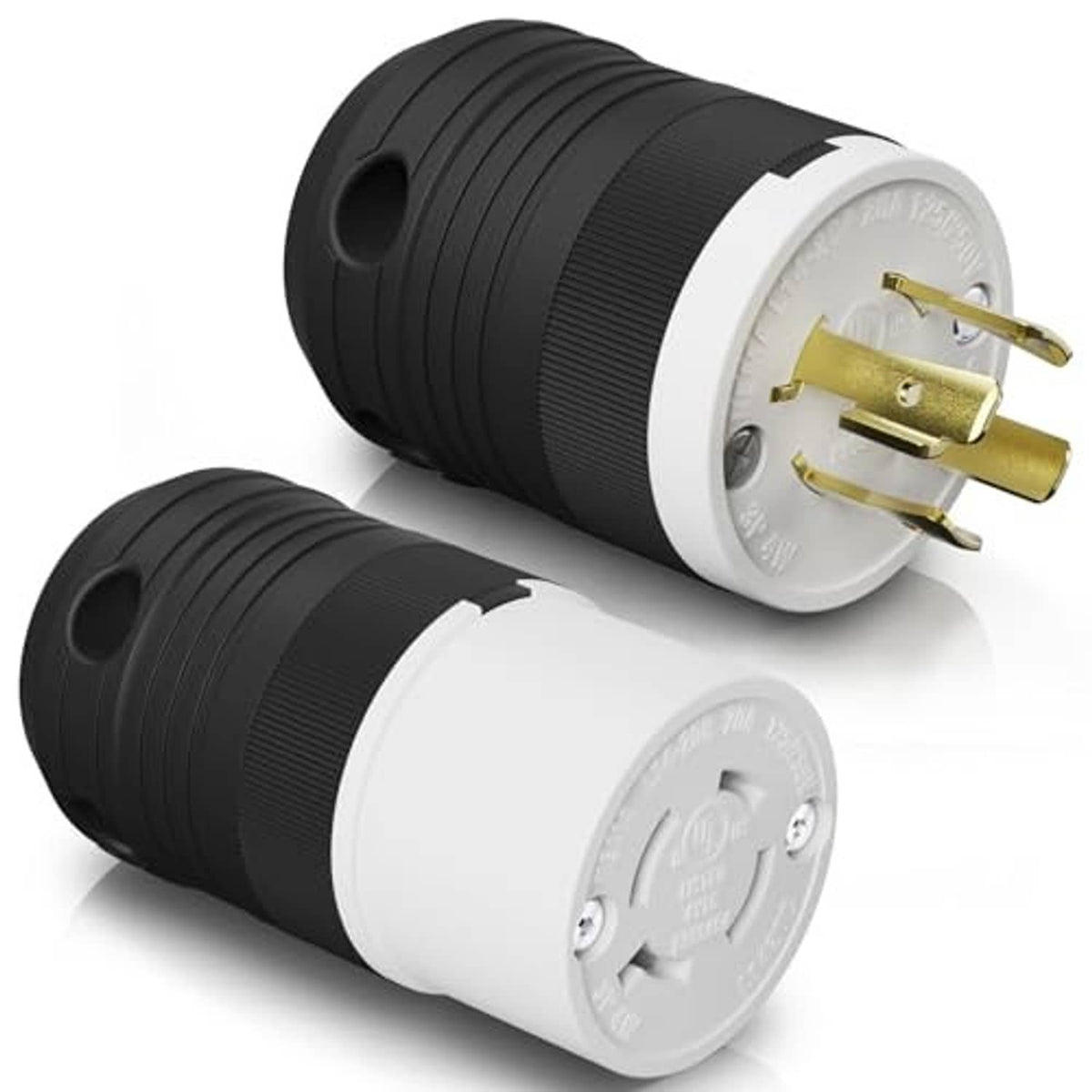 NEMA L14-20 locking plug pair with black ribbed grips, white connector face, gold contacts