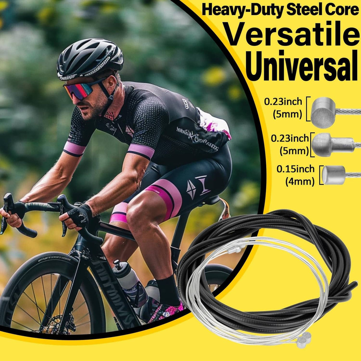 Universal brake cable set with coiled black housings and bundled silver inner wires