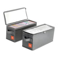 Dark gray stackable CD storage case with hinged lid and front divider pocket