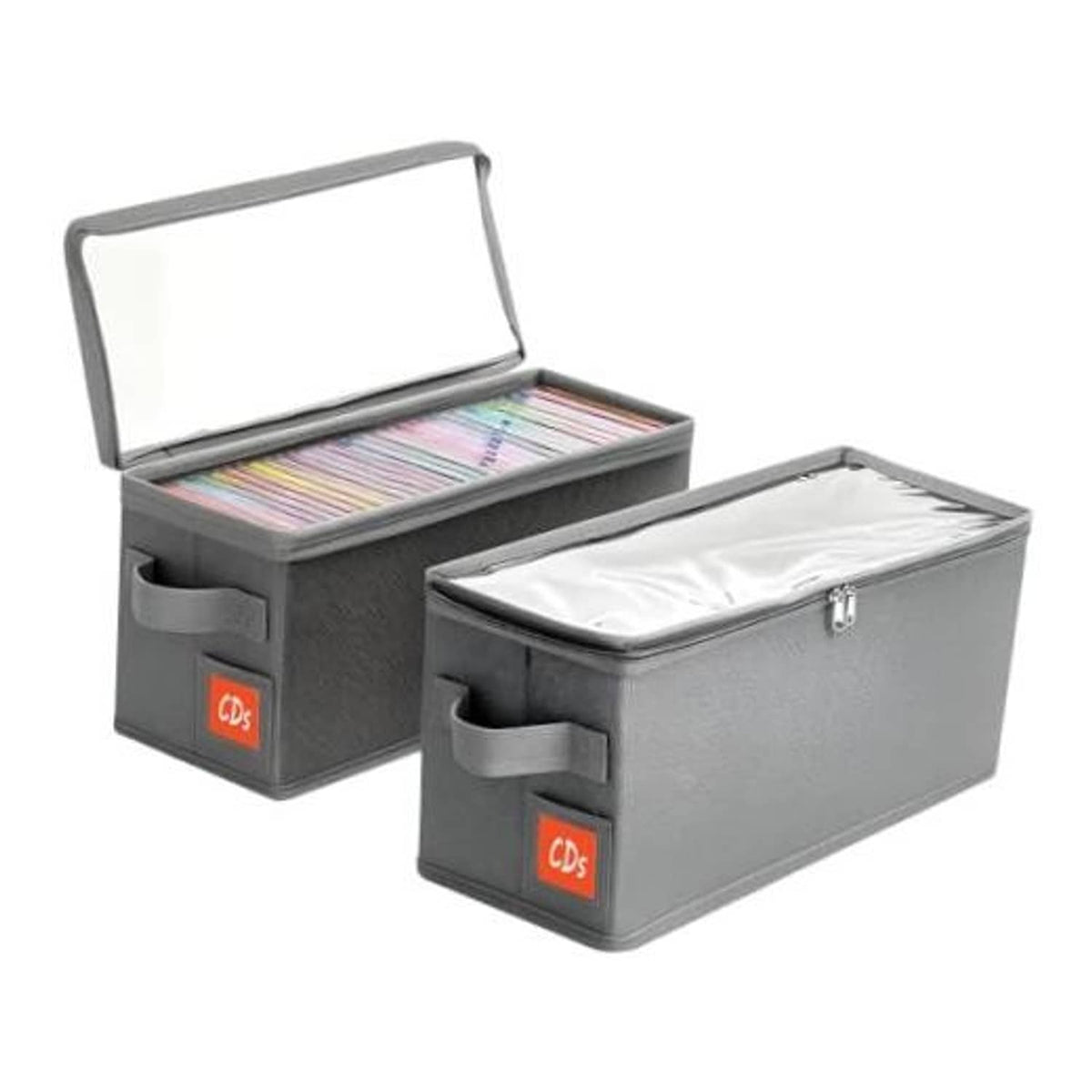 Dark gray stackable CD storage case with hinged lid and front divider pocket