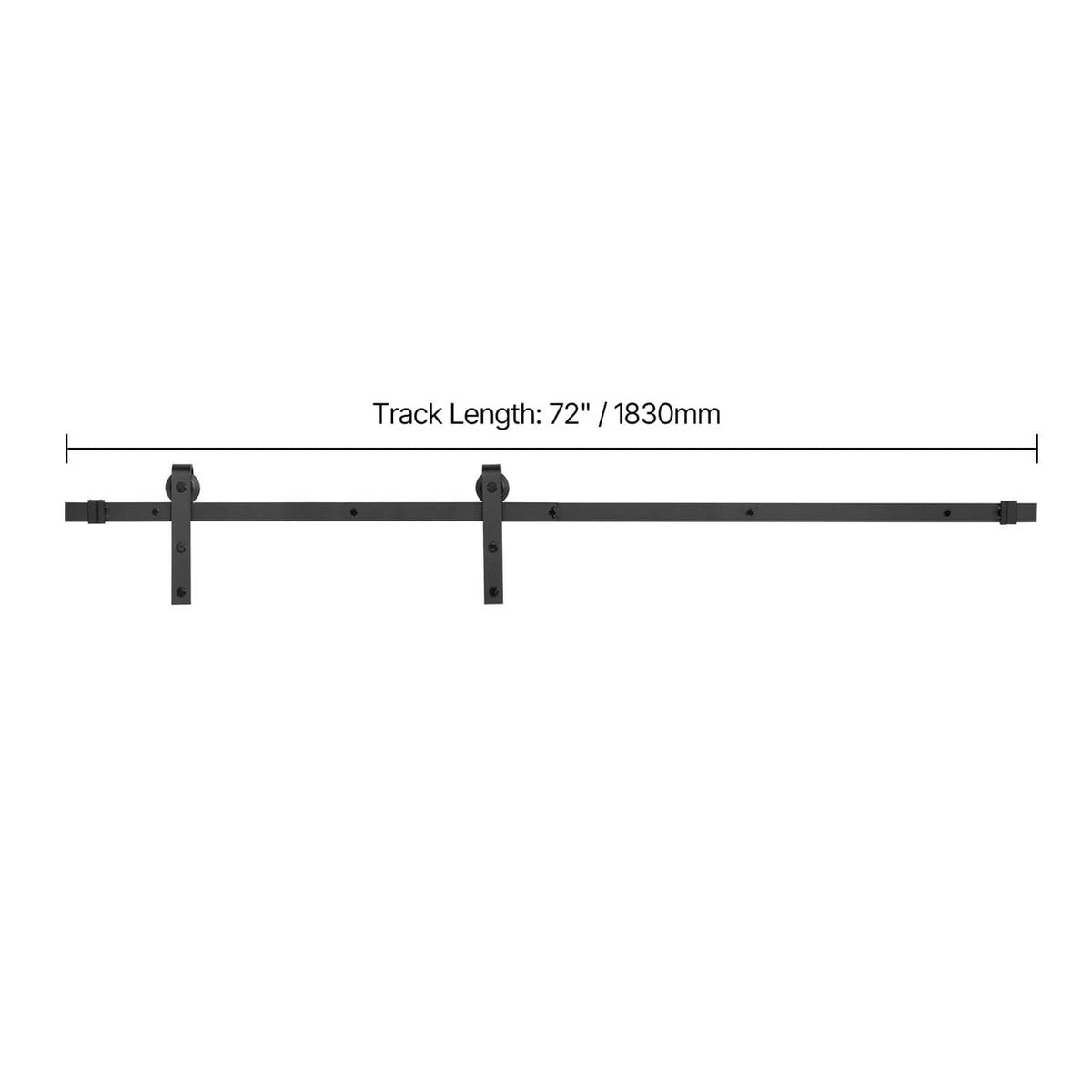 Black sliding barn door track rail with mounting holes and two bracket plates