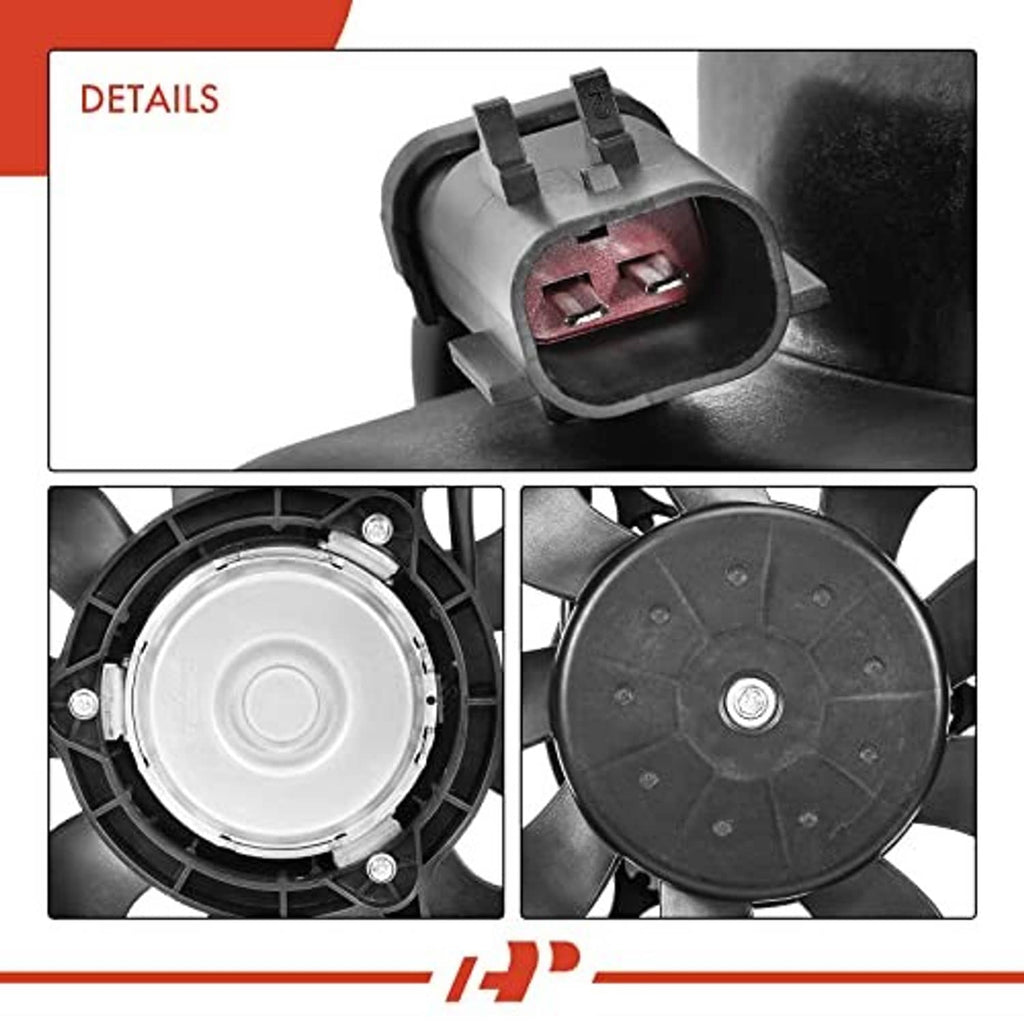 Radiator cooling fan assembly connector and motor cover, close-up detail