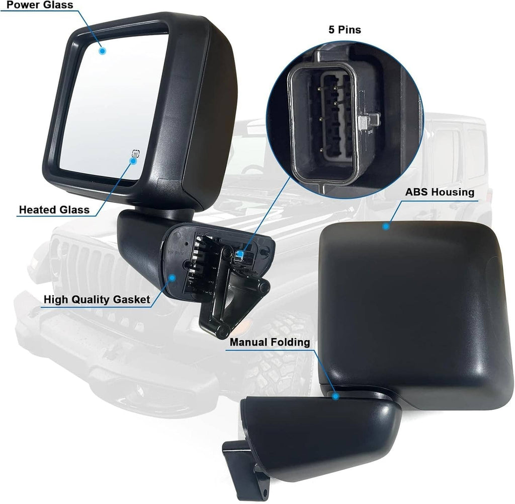 Black power heated side mirror set with heated glass and 5-pin connector