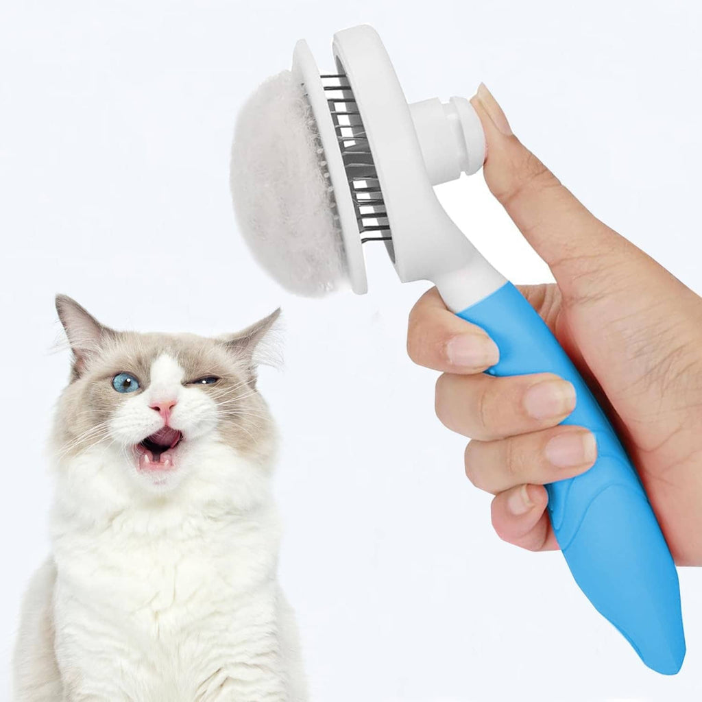 Blue self-cleaning slicker brush with oval grooming head and comfortable grip handle