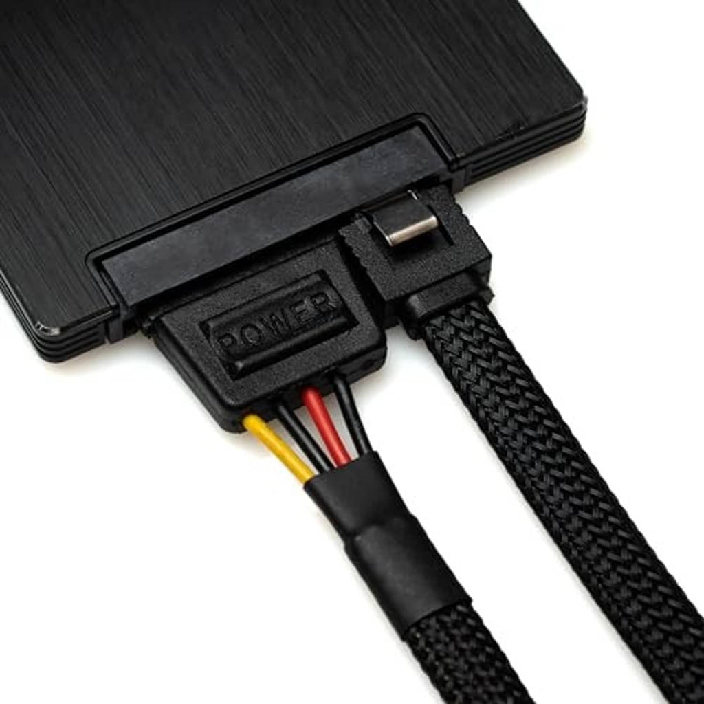 CRJ Molex to dual SATA adapter cable with black 4-pin Molex connector and braided leads