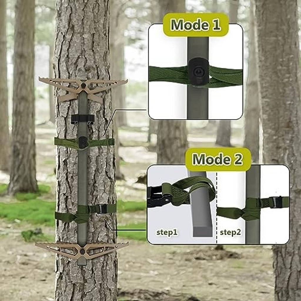 Olive climbing strap fastened to a tree with adjustable buckle and secure strap loop
