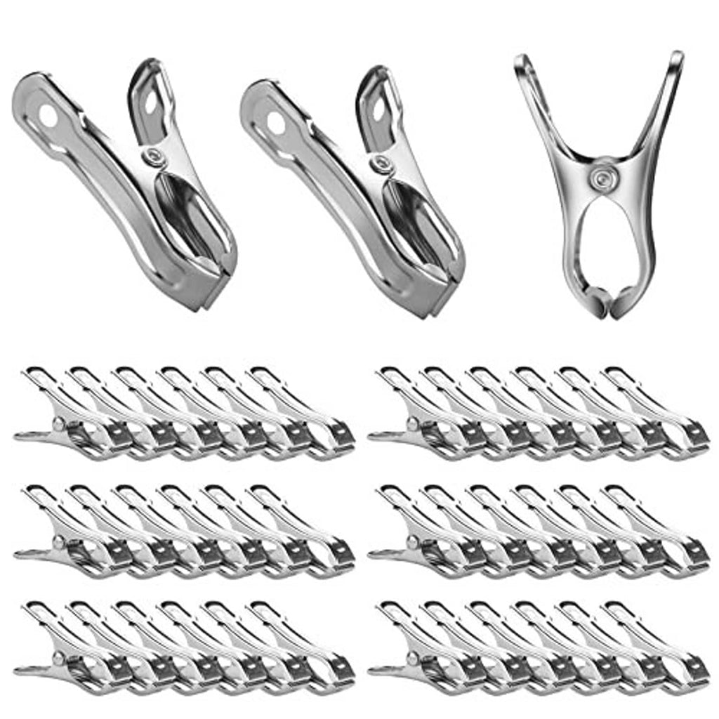 Set of stainless steel garden clamp clips with hinged jaws and spring latch, angled view