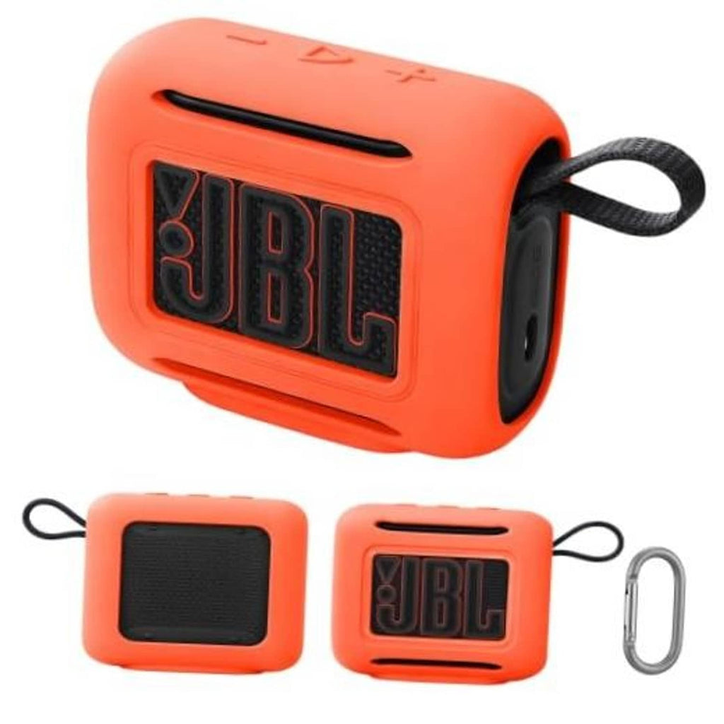 Orange silicone speaker case and extra accessory pieces with carabiner