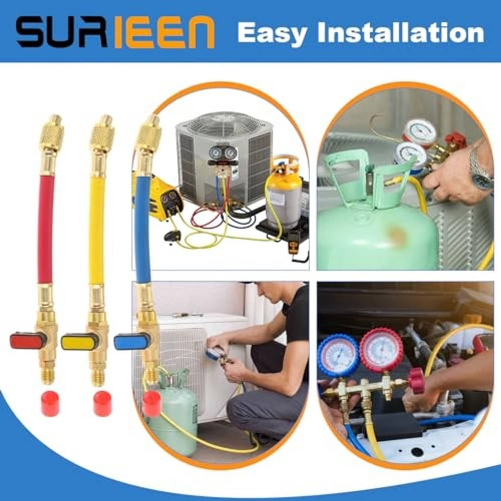 Three refrigeration charging hoses with brass shut-off valves