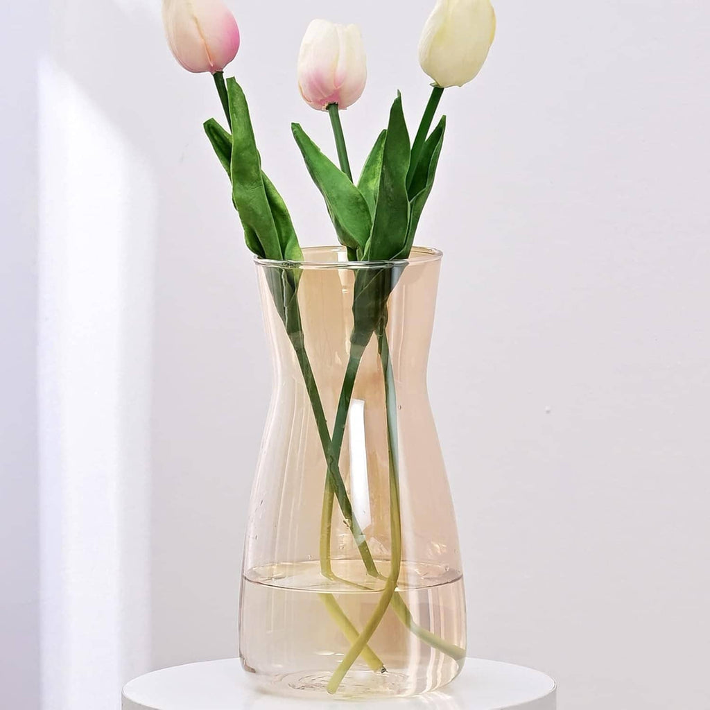 Tall clear crystal glass vase with gold iridescent look, open top for cut flowers
