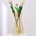 Tall clear crystal glass vase with gold iridescent look, open top for cut flowers