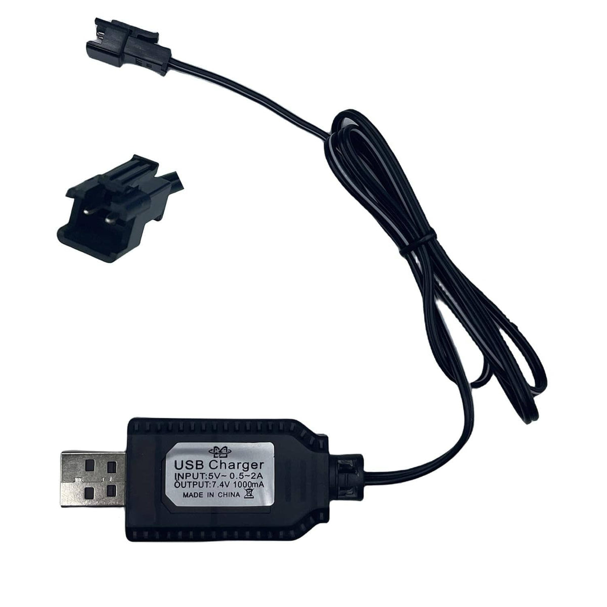USB battery charger cable with USB plug and black SM-2PIN connector on a long wire