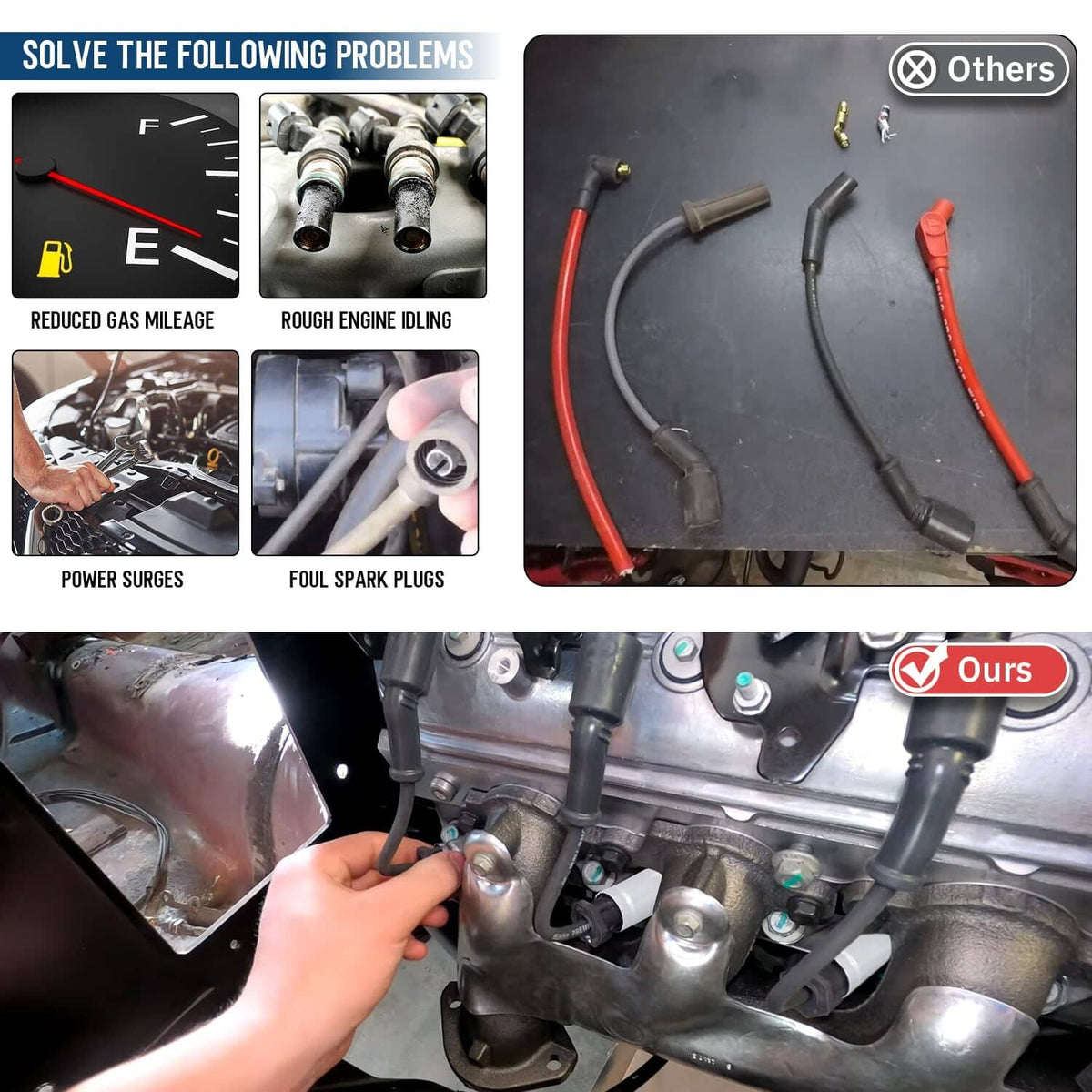 Spark plug wire set with red and black insulated wires and molded boots, multiple connectors