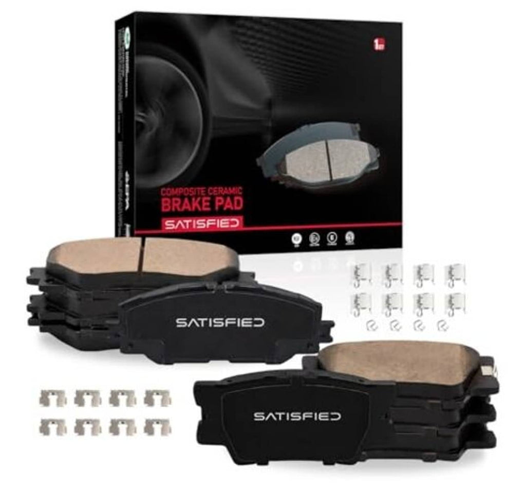 Ceramic brake pad set with front and rear pads shown with included hardware