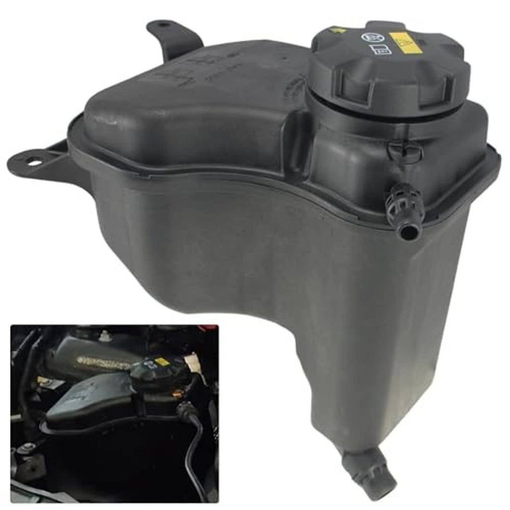 Engine coolant reservoir tank with cap and sensor, black plastic, side view