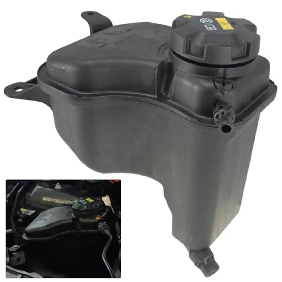 Engine coolant reservoir tank with cap and sensor, black plastic, side view