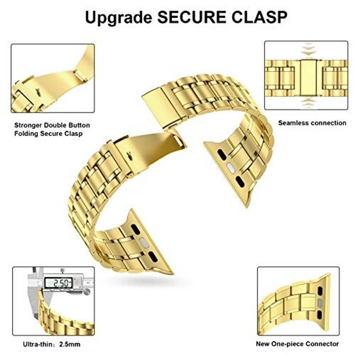 Gold stainless steel watch band detail showing fold-over secure clasp and seamless connector