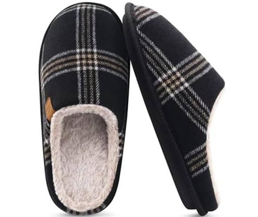 Black plaid scuff slippers shown from side, fuzzy interior lining and thick sole