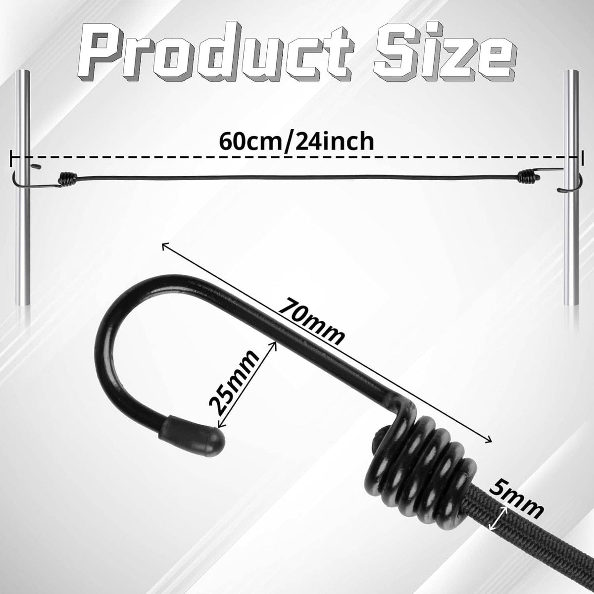 Black bungee cord with metal hook and coiled elastic section