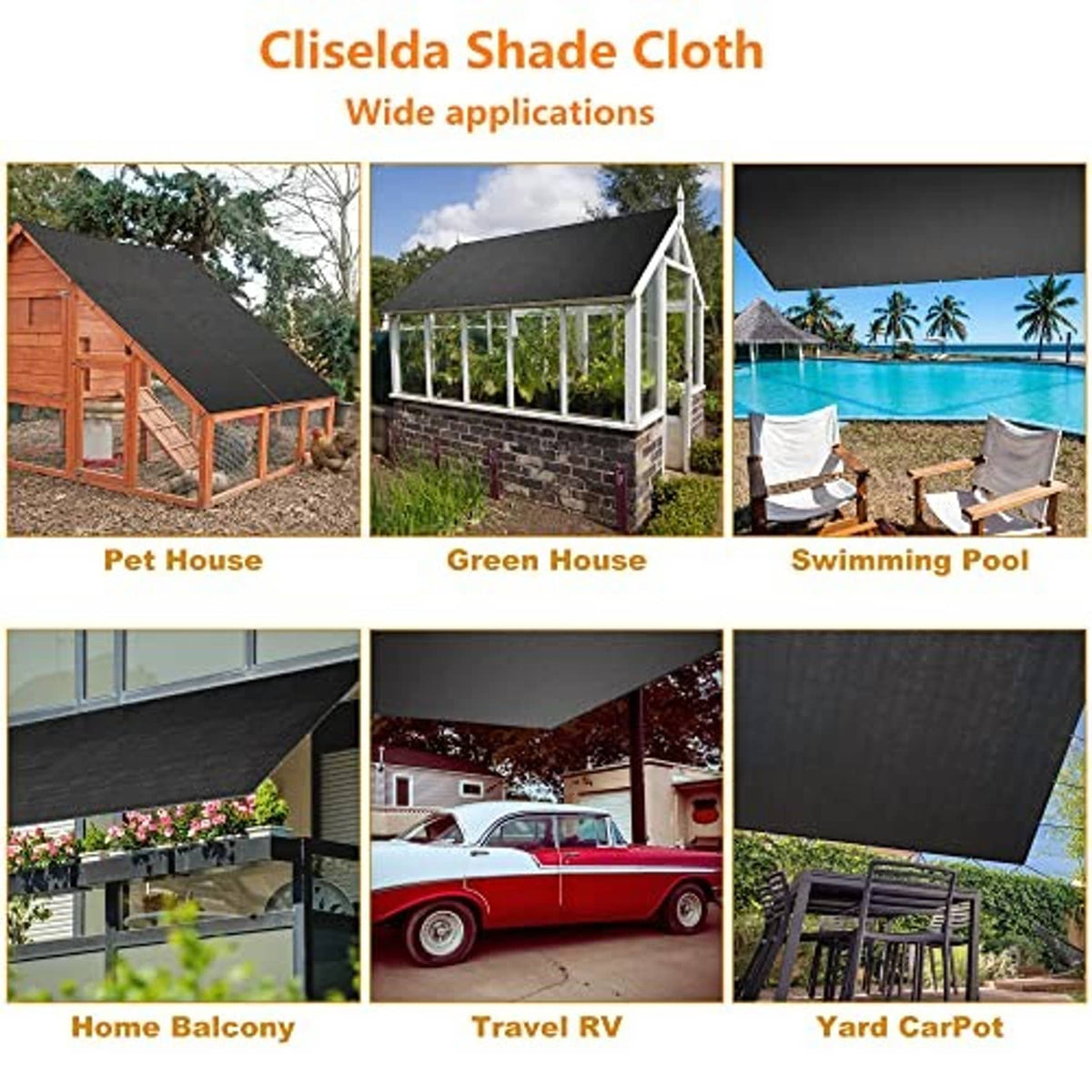 Black shade cloth panels covering outdoor structures such as pet houses and balconies