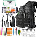 Black camouflage fishing backpack with front pockets and multiple gear compartments