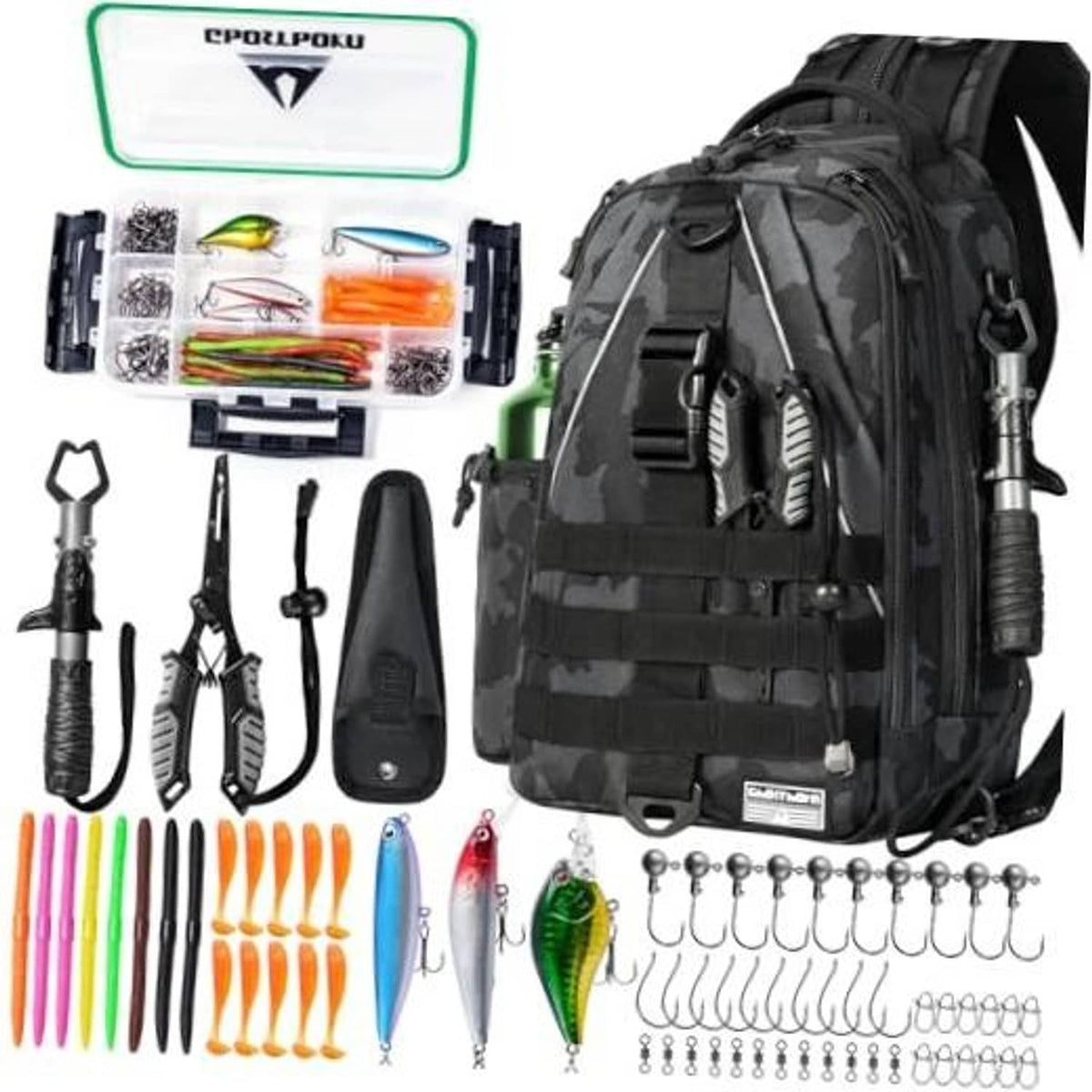 Black camouflage fishing backpack with front pockets and multiple gear compartments