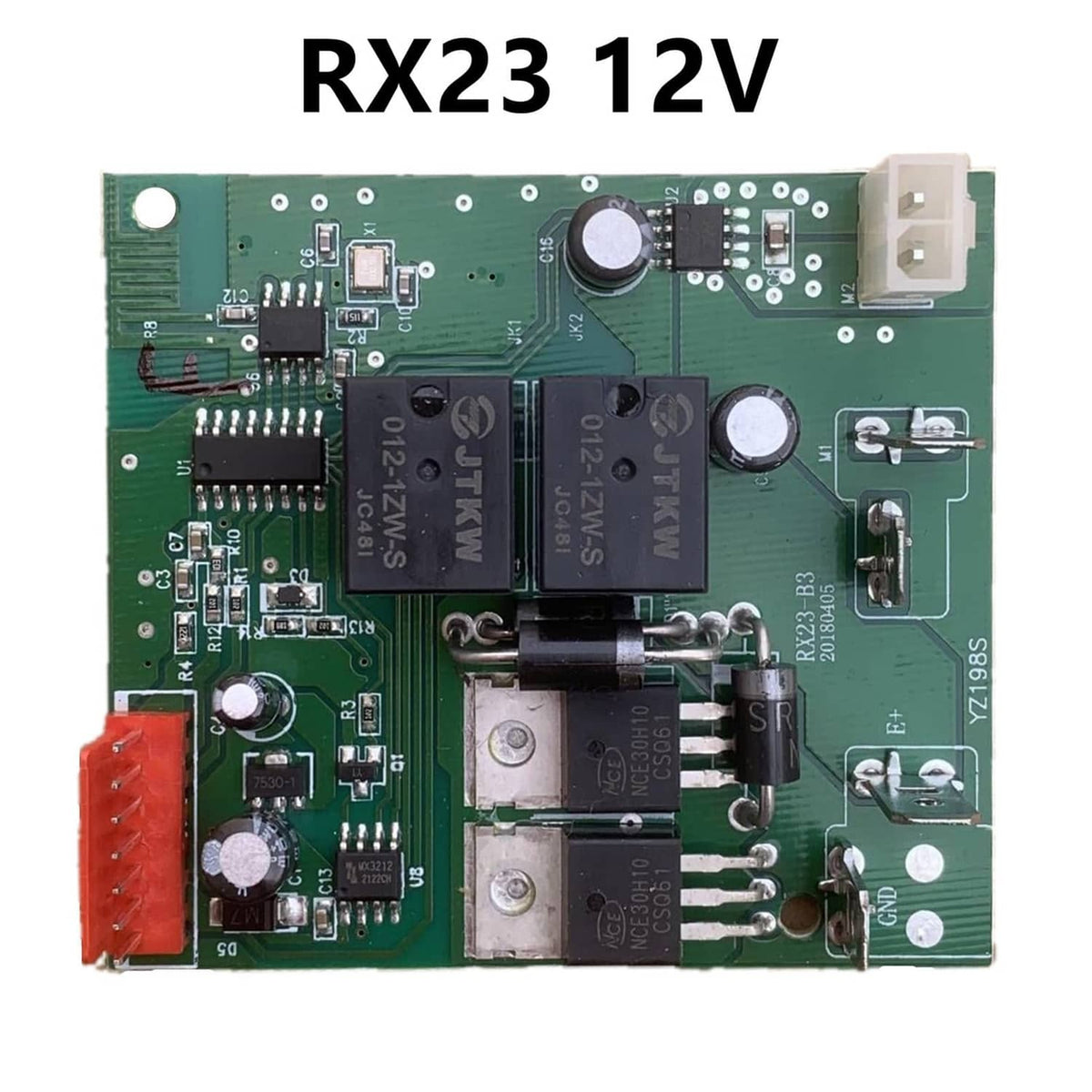 Weelye Rx23 12V circuit board with ICs, capacitors, and connector ports