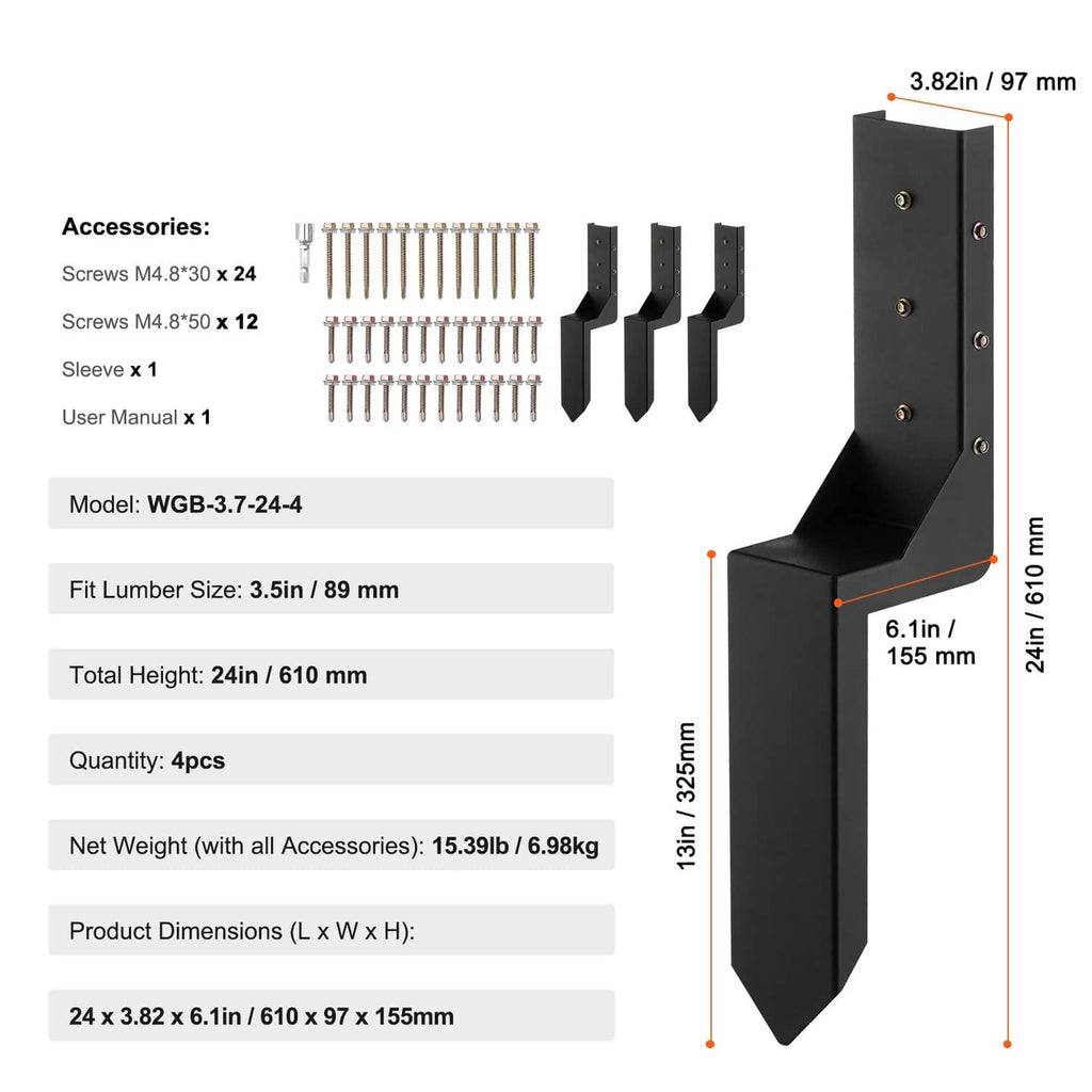 Fence post anchor kit accessories: screws and sleeve with four black bracket stakes