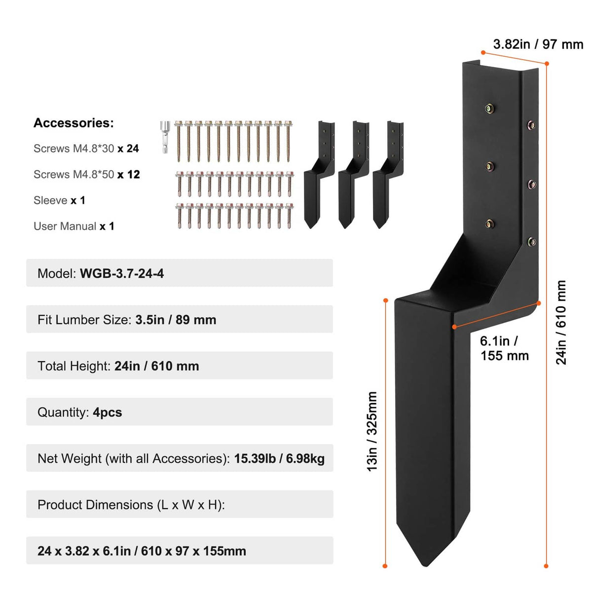 Fence post anchor kit accessories: screws and sleeve with four black bracket stakes