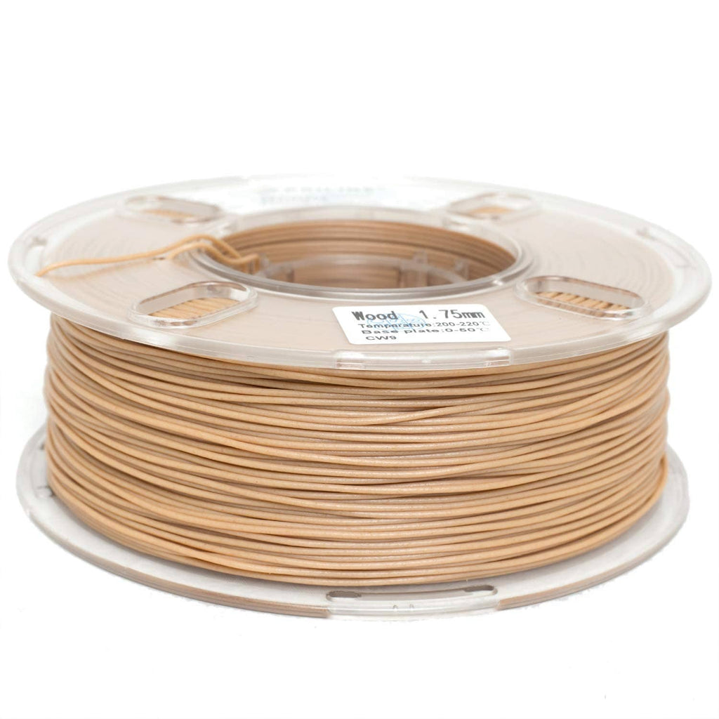 Wood-effect 3D printer filament spool with light-brown strands in clear reel