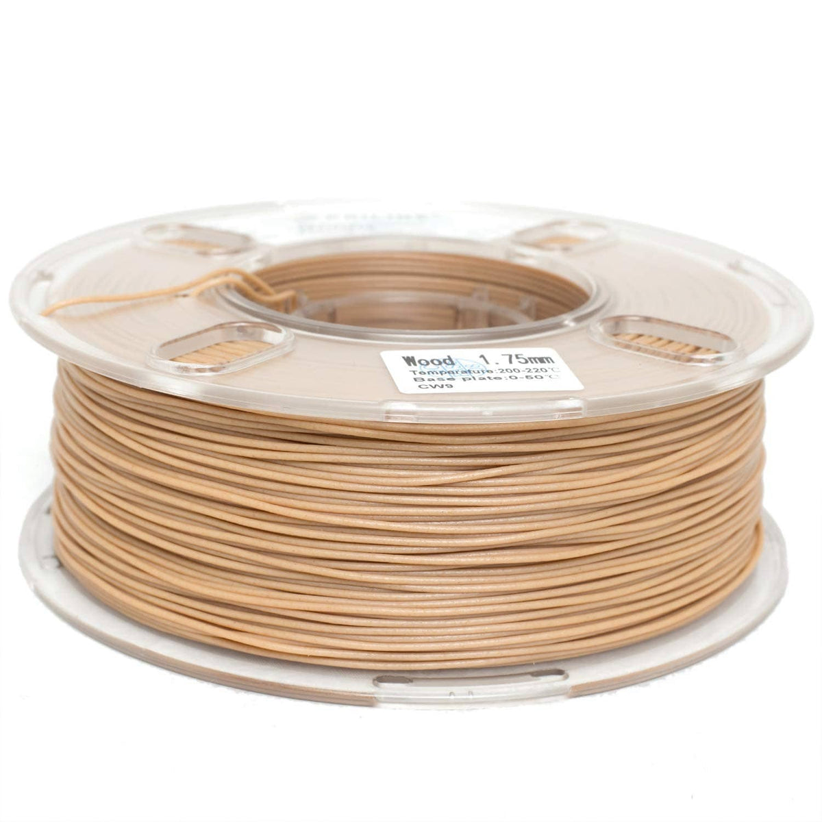 Wood-effect 3D printer filament spool with light-brown strands in clear reel