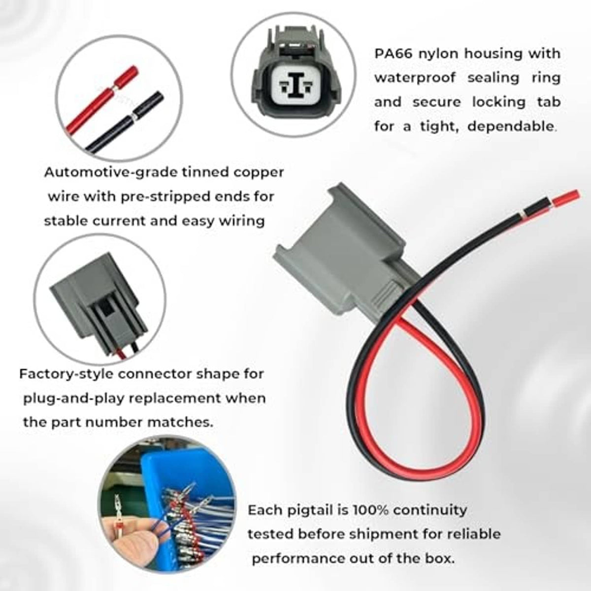 2-pin HID connector pigtail with gray waterproof housing and pre-stripped red/black wires