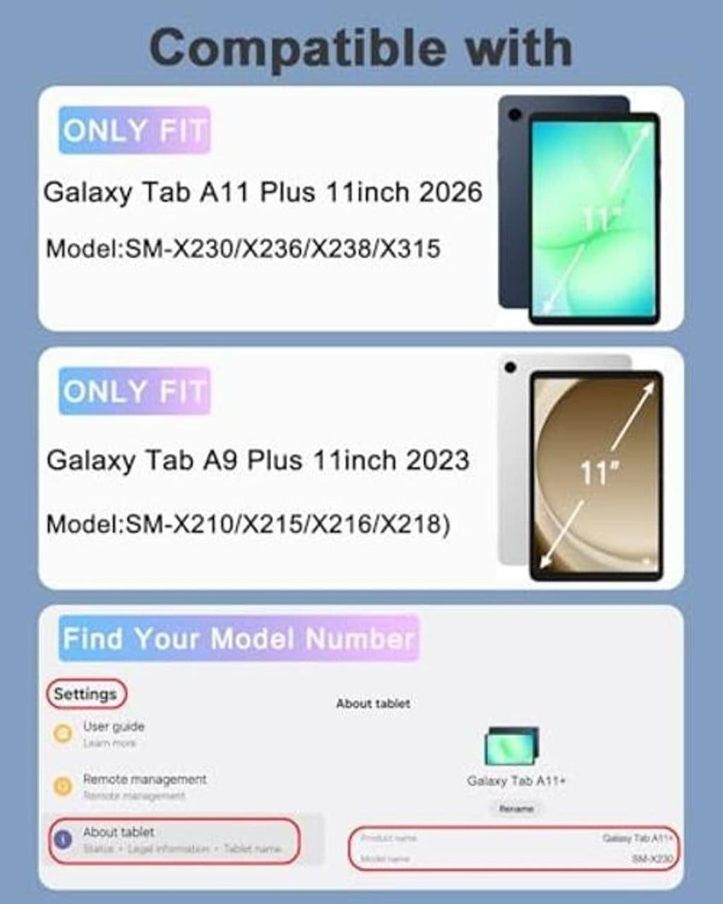Compatibility chart showing tablet model names and sizes for the case
