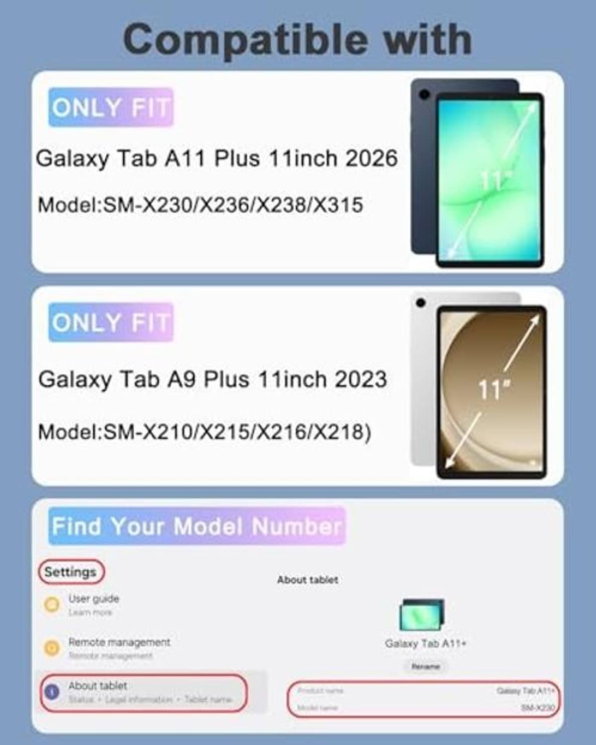 Compatibility chart showing tablet model names and sizes for the case