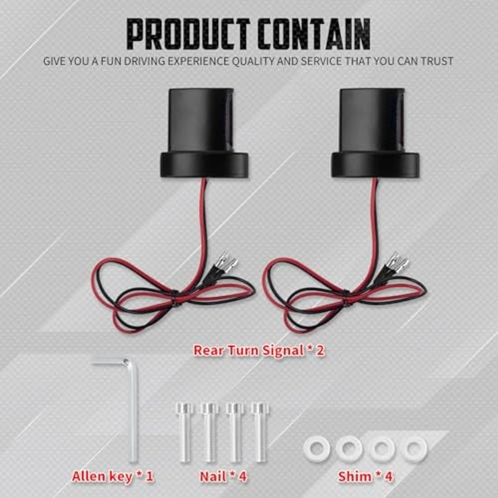 Motorcycle LED rear turn signal set with black lights, red/black wires, mounting parts