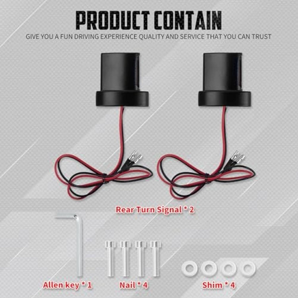 Motorcycle LED rear turn signal set with black lights, red/black wires, mounting parts