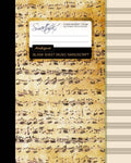 Antique-style blank sheet music manuscript notebook, beige cover with staff lines and musical notes